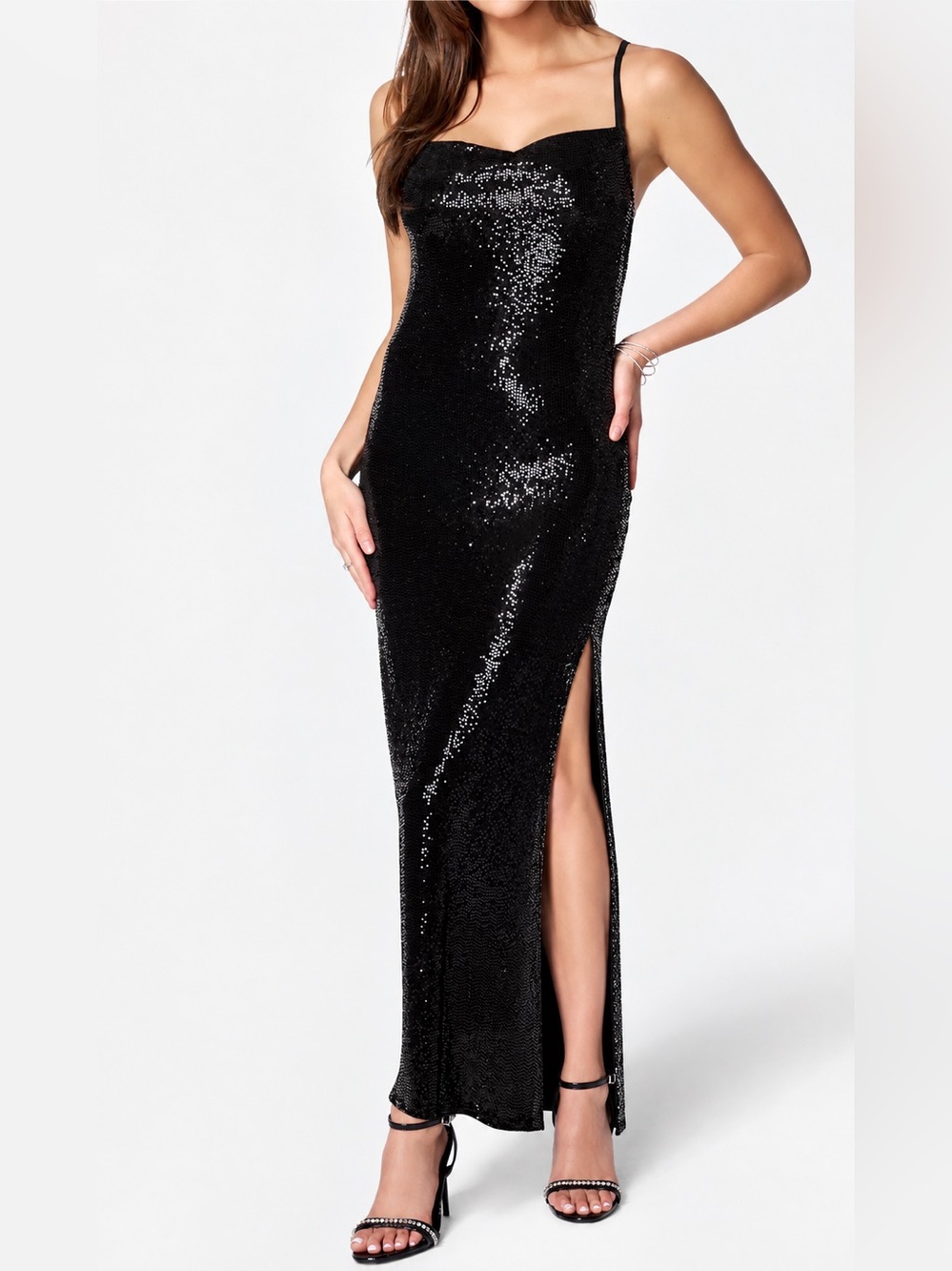 bebe Black Sequin Cowl Neck Midi Maxi Slip Dress Spaghetti Strap Glam NWT